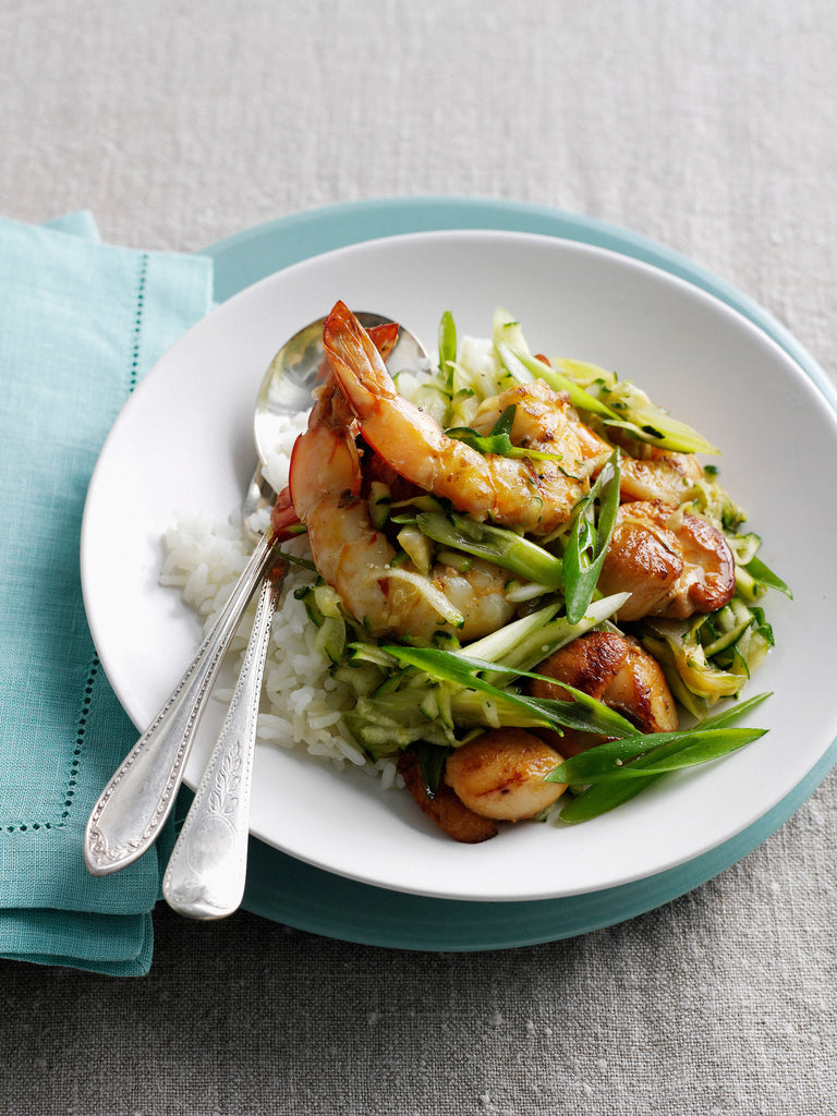 Garlic Butter Shrimp and Scallop Stir-Fry with Shredded Cucumber