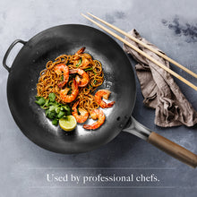 Authentic Carbon Steel Hand Hammered Pow Wok, 14" Traditional Round Bottom Wok with Helper Handle