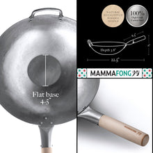 Flat Bottom Wok, Traditional Hand Hammered Wok, 14" Carbon Steel Chinese Pow Wok - mammafong