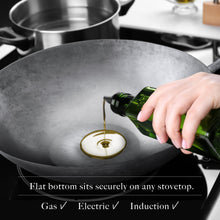 Flat Bottom Wok, Traditional Hand Hammered Wok, 14" Carbon Steel Chinese Pow Wok - mammafong