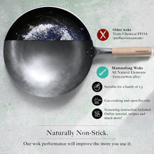 Authentic Hand Hammered Small Wok, 12" Carbon Steel Chinese Pow Wok, Traditional Round Bottom Wok - mammafong