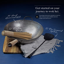Authentic 14 inch Hand Hammered ROUND Bottom Carbon Steel Wok Set Starter Kit with Wok Spatula and Bamboo Brush