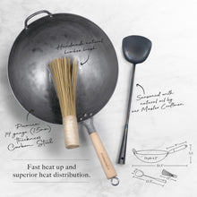Authentic 14 inch Hand Hammered ROUND Bottom Carbon Steel Wok Set Starter Kit with Wok Spatula and Bamboo Brush