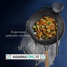 Authentic 14 inch Hand Hammered ROUND Bottom Carbon Steel Wok Set Starter Kit with Wok Spatula and Bamboo Brush