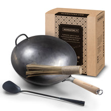 Authentic 14 inch Hand Hammered ROUND Bottom Carbon Steel Wok Set Starter Kit with Wok Spatula and Bamboo Brush