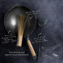 Authentic 12 inch Hand Hammered Round Bottom Carbon Steel Wok Set with Wok Spatula and Bamboo Brush