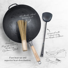 Pre-seasoned 14 inch Hand Hammered ROUND Bottom Carbon Steel Wok Set Starter Kit with Wok Spatula and Bamboo Brush