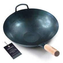 Pre Seasoned Flat Bottom Wok, 14" Blue Carbon Steel Chinese Pow Wok, Traditionally Hand Hammered - mammafong