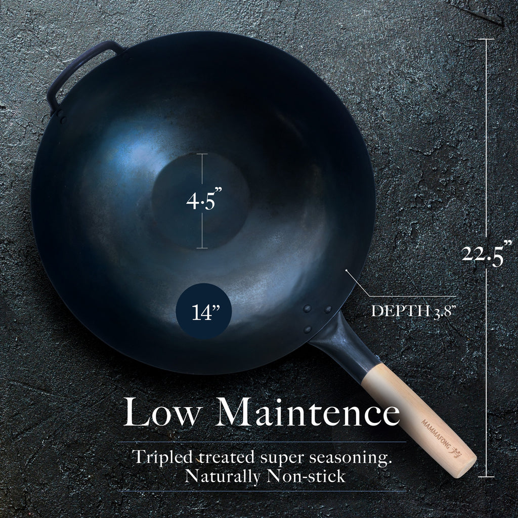 Flat Bottom Wok Traditional Hand Hammered Wok 14 inch Carbon Steel Chinese Pow Wok by Mammafong
