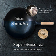 Pre Seasoned Flat Bottom Wok, 14" Blue Carbon Steel Chinese Pow Wok, Traditionally Hand Hammered - mammafong