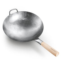 Authentic Carbon Steel Hand Hammered Pow Wok, 14" Traditional Round Bottom Wok with Helper Handle