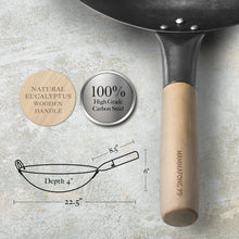 Authentic Carbon Steel Hand Hammered Pow Wok, 14" Traditional Round Bottom Wok with Helper Handle