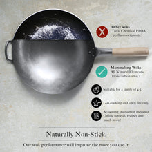 Authentic Carbon Steel Hand Hammered Pow Wok, 14" Traditional Round Bottom Wok with Helper Handle