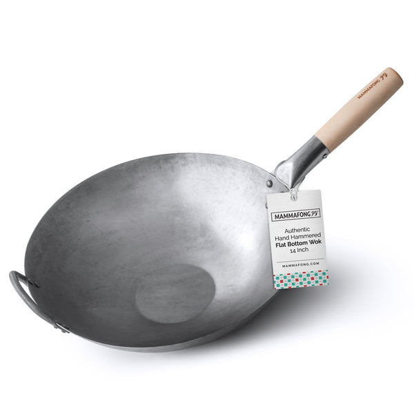 Authentic Hand Hammered Carbon Steel Flat Bottom Pow Wok, 14" with Helper Handle