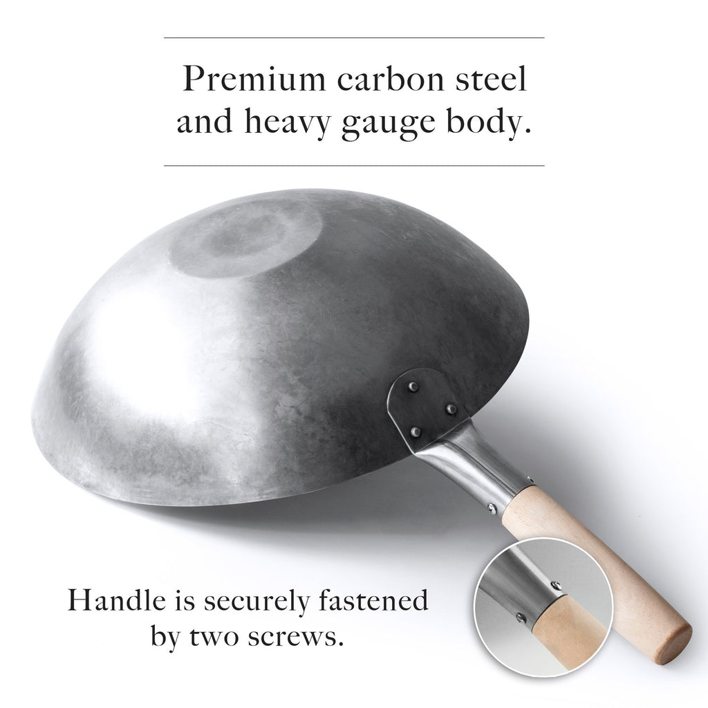 Authentic Hand Hammered Carbon Steel Flat Bottom Pow Wok, 14