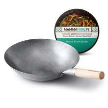 Mammafong Round Bottom Carbon Steel Wok Pan - Authentic Hand Hammered Woks and Stir Fry Pans - 12-Inch Pow Wok for GAS Stoves