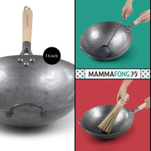 Mammafong Traditional Hand Hammered Pre-seasoned Round Bottom Carbon Steel  Wok Set with Wok Spatula and Bamboo Brush (14 inch preseasoned wok set)…