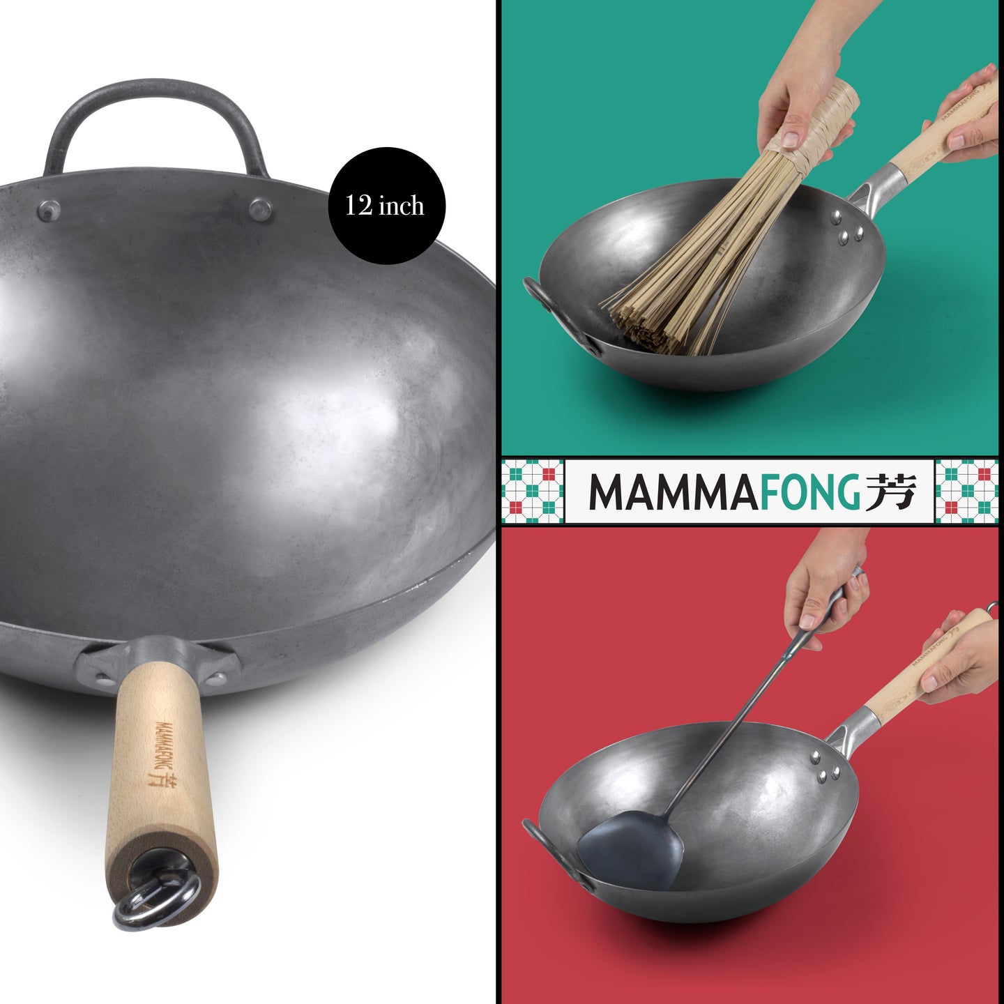 Authentic 12 inch Hand Hammered Round Bottom Carbon Steel Wok Set with mammafong