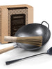 Authentic 12 inch Hand Hammered Round Bottom Carbon Steel Wok Set with Wok Spatula and Bamboo Brush