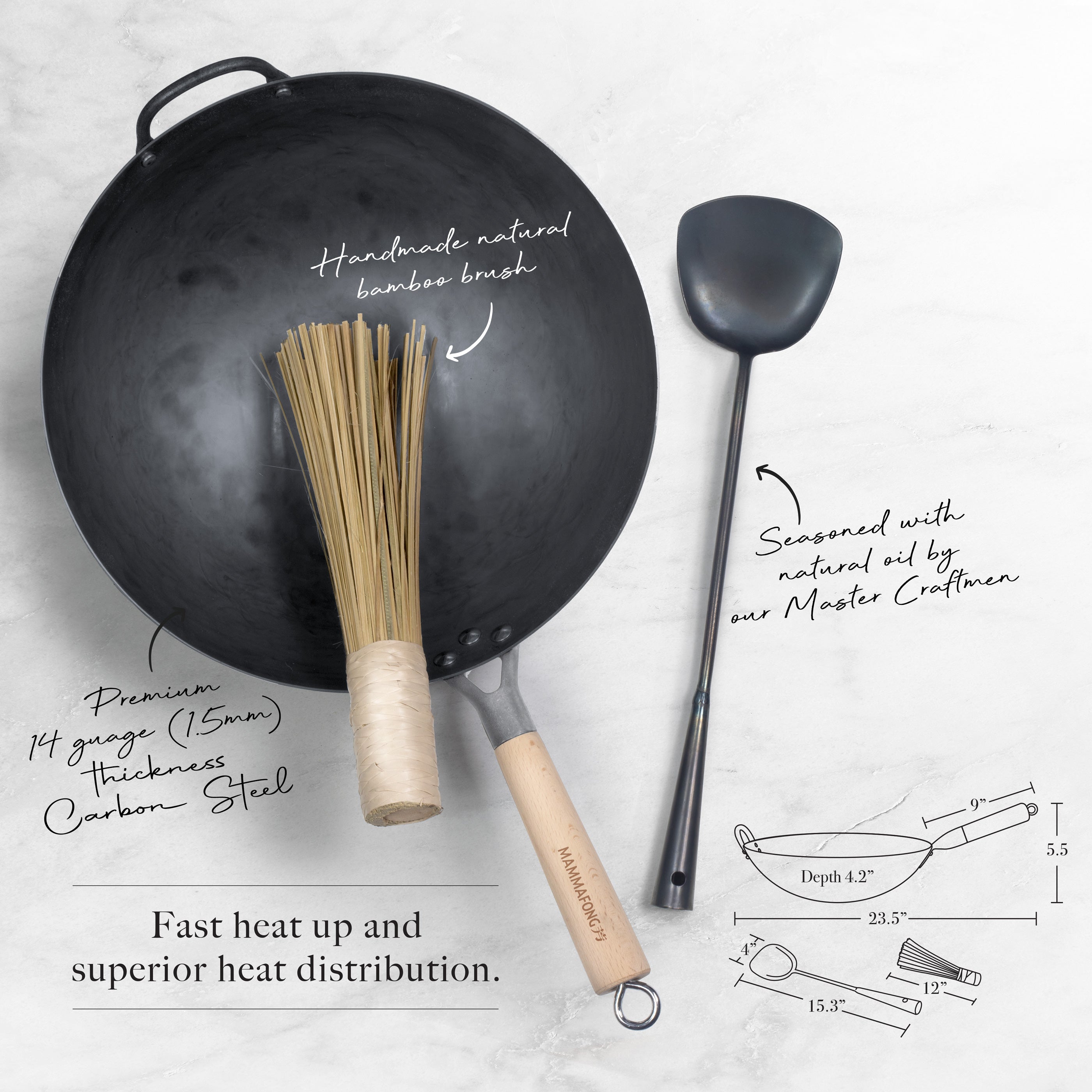 Mammafong Traditional Hand Hammered Pre-Seasoned Carbon Steel Wok Set - Thumbnail 5