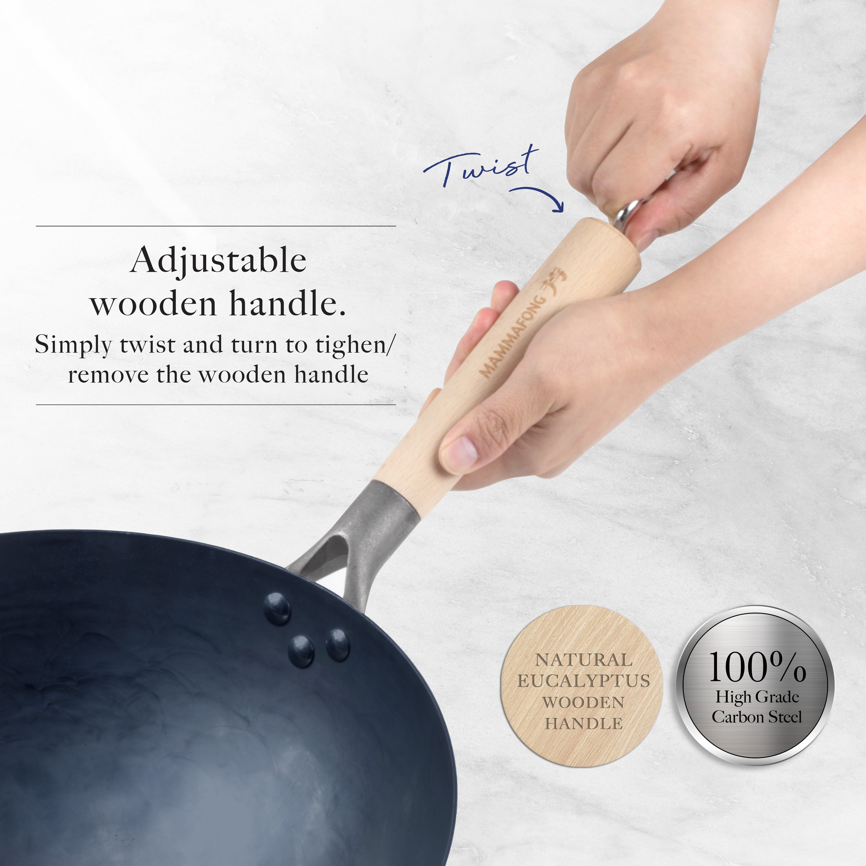 Mammafong Traditional Hand Hammered Pre-Seasoned Carbon Steel Wok Set - Thumbnail 5