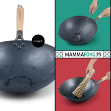 Pre-seasoned 14 inch Hand Hammered ROUND Bottom Carbon Steel Wok Set Starter Kit with Wok Spatula and Bamboo Brush