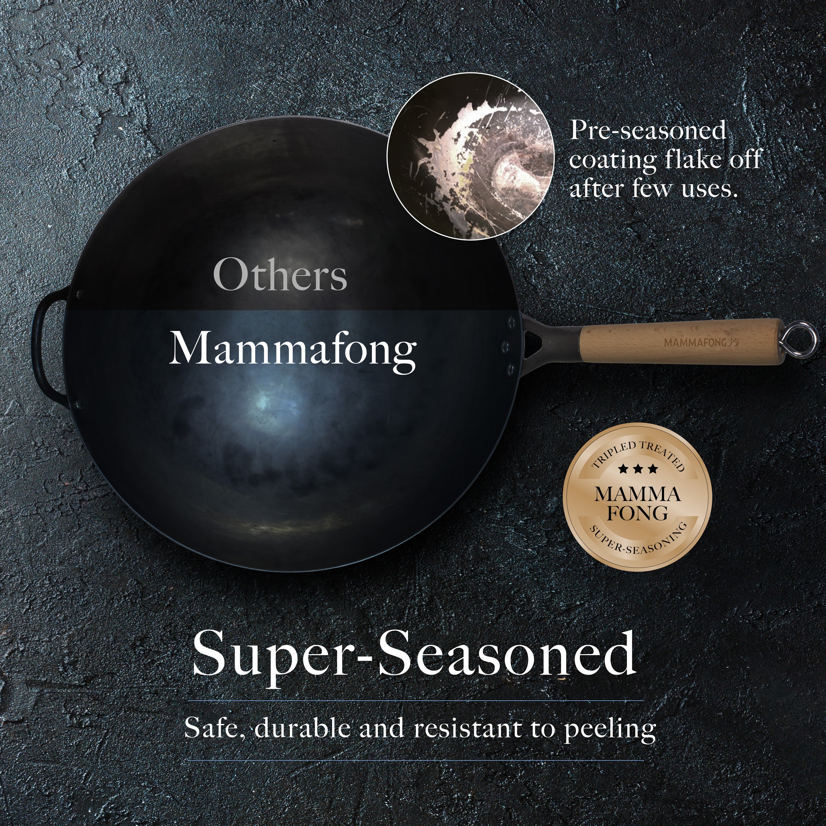 Mammafong Traditional Hand Hammered Pre-Seasoned Carbon Steel Wok Set - Thumbnail 3